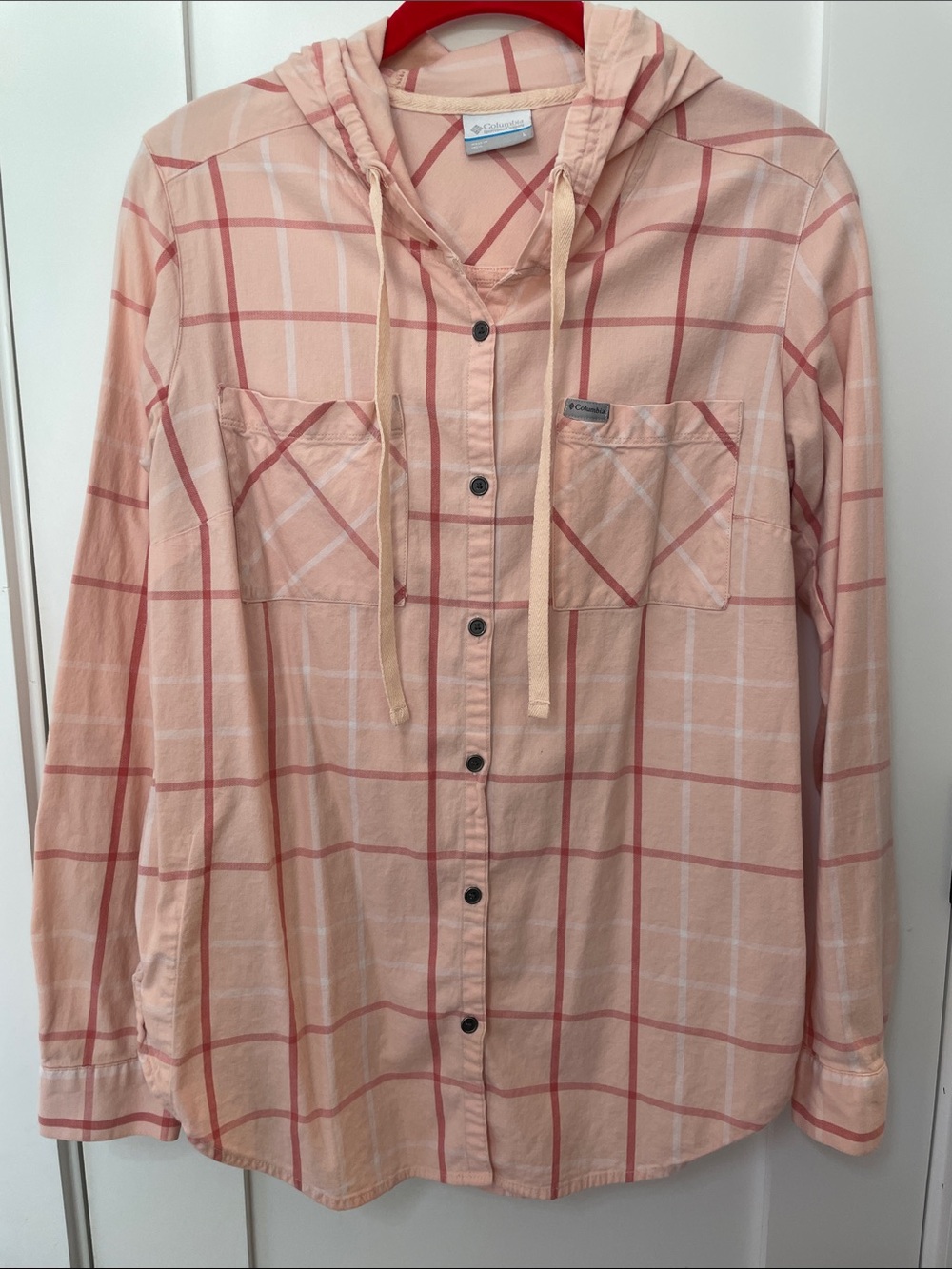 Columbia Peach and Coral Plaid Hooded Button-Up Shirt